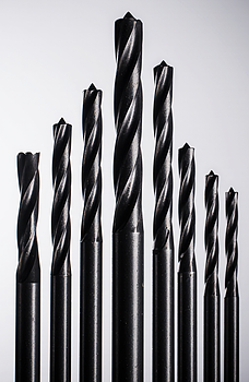 A hyper-realistic product photo of a metal drill bit on a bright white or light grey matte background, shot in natural sunlight coming from the top left at a 40-degree angle. Sunlight creates clean, soft shadows and warm highlights on the sharp edges. Use a white reflector to soften the shadows. Camera angle at 40 degrees, crisp focus on the flutes and metallic surface, realistic sunny color tones, high clarity. Perfect for a modern industrial tools website hero banner.